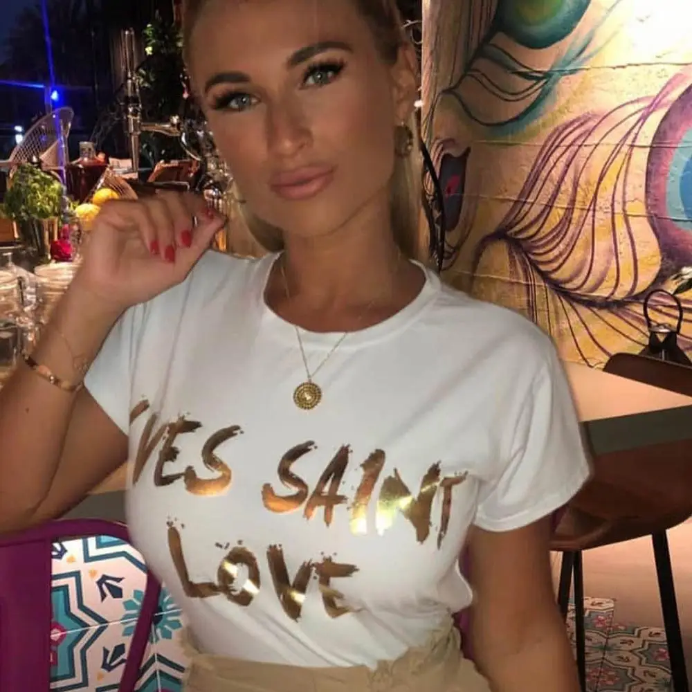 

Glitter Printing Saint Love Slogan Tee Women's Fashion Short Sleeves Cotton T-shirt
