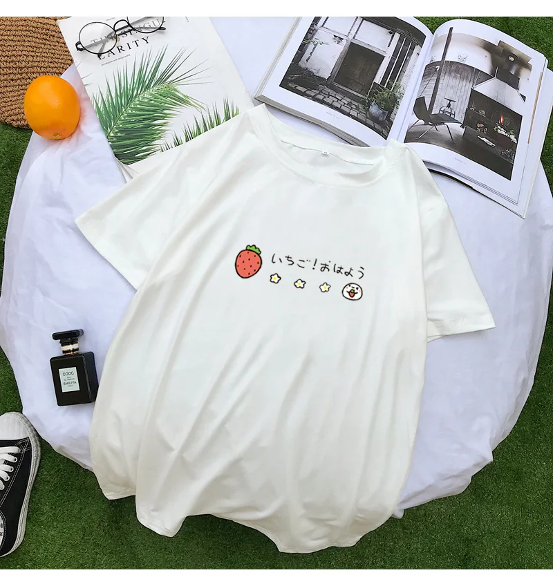 Women Strawberry Print T Shirts Summer Short Sleeve Tops Ladies Casual Streetwear Harajuku Tumblr Kawaii Cartoon Tee Shirt Femme (6)