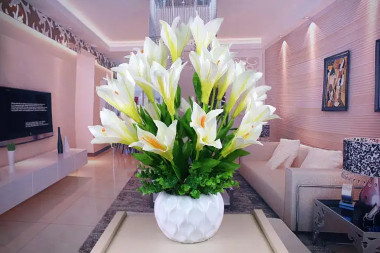 Современная керамическая ваза+ искусственный цветок комплект с лилиями Декор для гостиной Шелковый Искусственный цветок горшок украшения домашнего интерьера