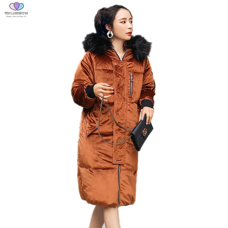 

2017 New Winter Women Jacket Fashion Women Fur Collar Hooded Down Cotton Coat Slim Gold Velvet Cotton Jacket TNLNZHYN E277