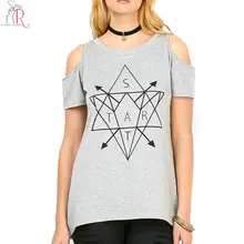 Повседневная серая футболка с геометрическим буквенным принтом и холодным плечом, новинка года, летняя хлопковая футболка с коротким рукавом, женская футболка, большие размеры