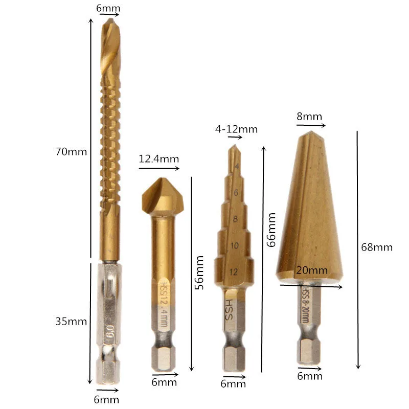 PEGASI 4pcs 4-12mm HSS Wood Step Drill Bits Bit Set Stepped For Wood Metal Plastic Hole Saw Woodworking Power Tools