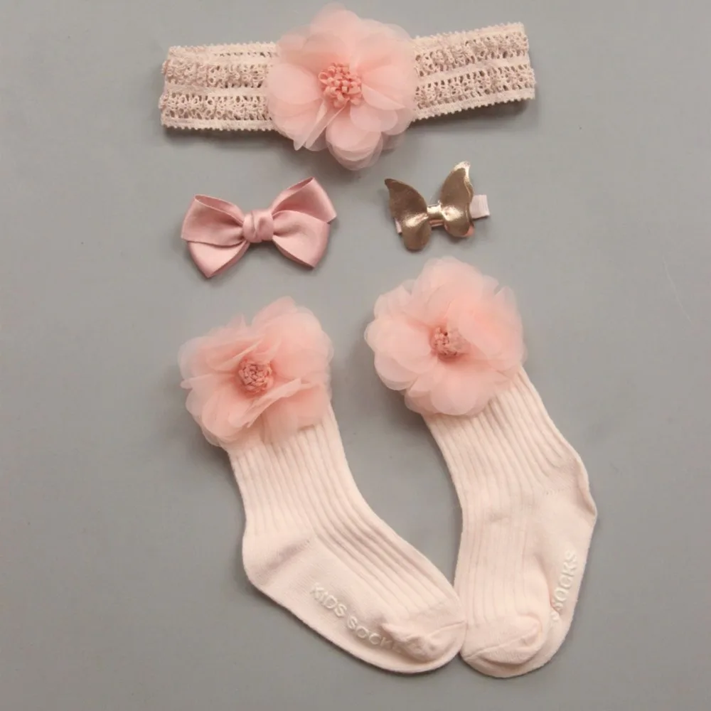 Носки для новорожденных+ повязки на голову, набор заколок с цветочным рисунком, хлопковые эластичные носки для маленьких девочек+ повязка на голову, рождественский подарок