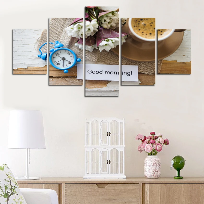 

Good Morning Letter Fruit and Flower Clock Canvas Painting Poster Decorated Bedroom Kitchen Hotel Background Wall Art Picture