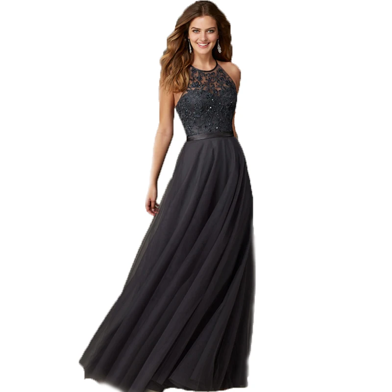 Dark Grey A Line High Neck Lace Sequins Backless Long Evening Dark Grey A Line High Neck Lace Sequins Backless Long Evening Dresses 2016 New Arrival Party Formal Gowns In From Weddings Events On
