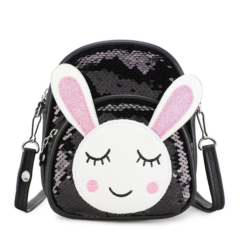 New Lovely Women Baby Girls Small School Backpack Crown Sequins Travel Cartoon Animal Print Rabbit Shoulder Bag Diaper Bags - Color: Black