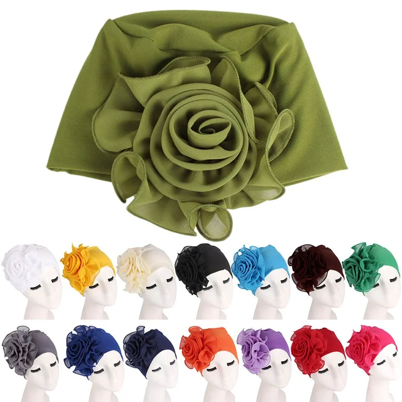 

Women Stretchy Beanies With Big Flower Hair Loss Cap African Turban Boho Head Wrap Hijab Wedding Party Cap Turbantes Mujer