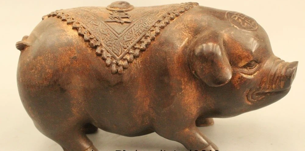 

5" Old Chinese Bronze Fengshui Zodiac Year Pig Wealth Animal Fu Collect Statue