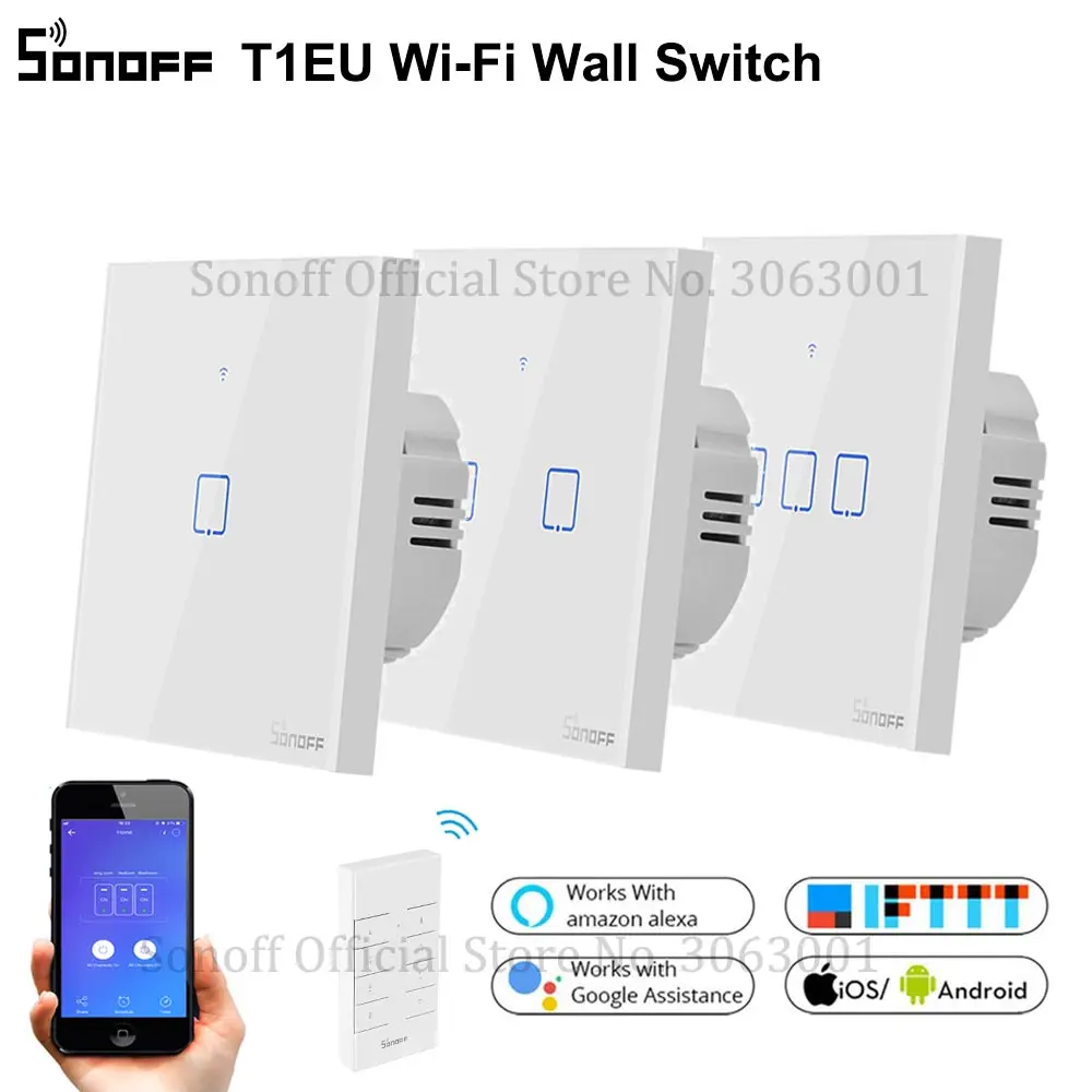 

SONOFF New T1EU Wifi Smart Switch Touch Screen Remote ON/OFF 1/2/3 Gang 433Mhz RF/Voice/APP/Touch Control 86 Type Smart Home TX