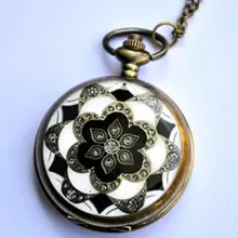 1017) 12 шт./партия Викторианский винтажный Бронзовый белый/цветок из черной эмали карманные часы ожерелье цепочка