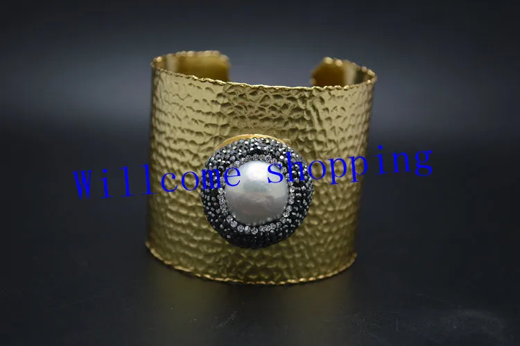 Branco Pérola Beads Pavimentada Ouro Cor Ampla Metal Cuff Bangle Pulseira Moda Mulher Jewerly