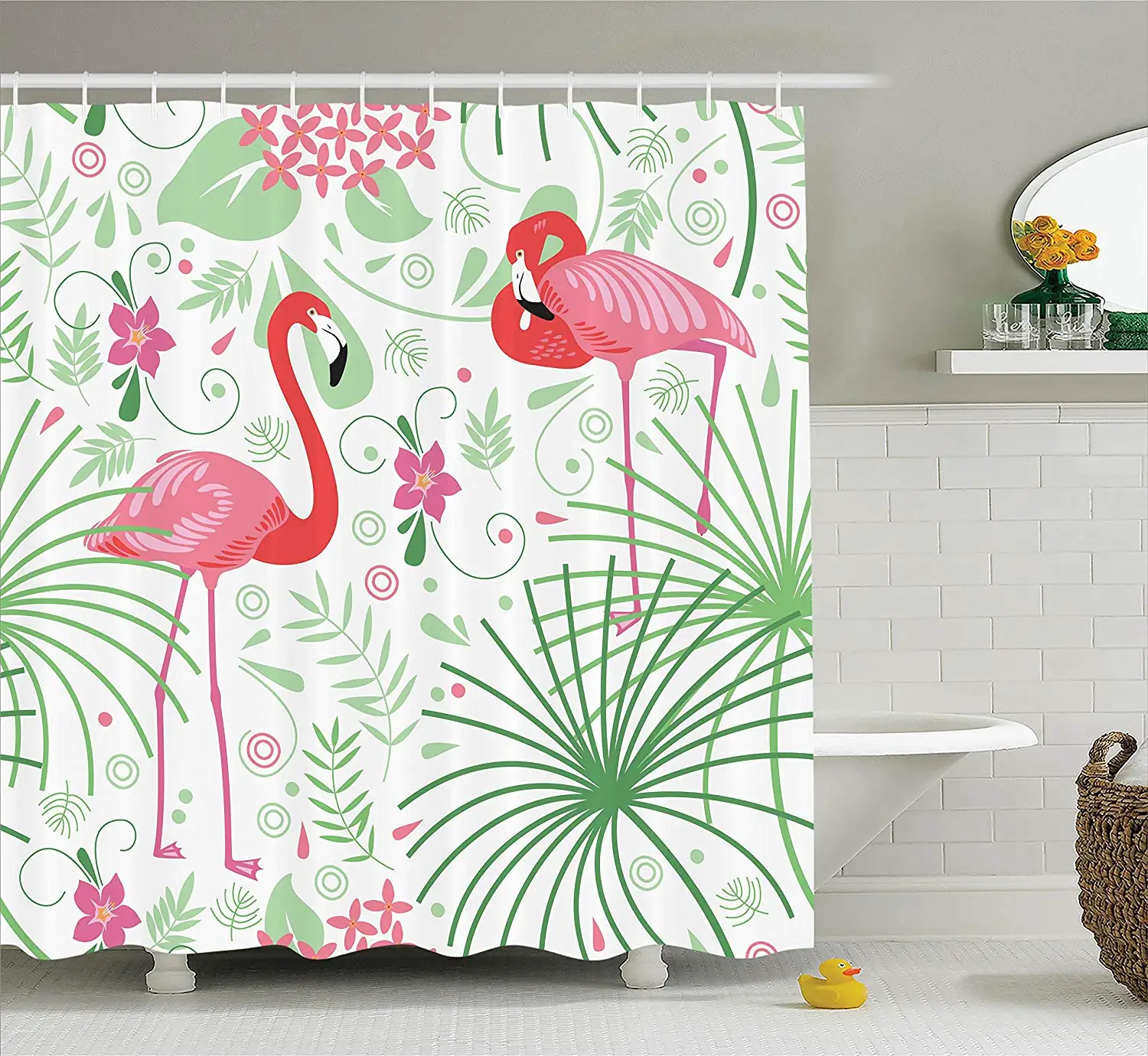 Nautical Floral Flamingo 69 Inch by 70 Inch Polyester Bathroom Shower