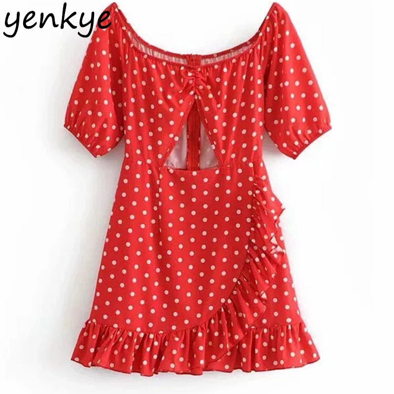 

Summer Polka Dot Red Sexy Off Shoulder Dress Women Front Hollow Out Short Sleeve Ruffle Beach Short Dress OMZZ6711