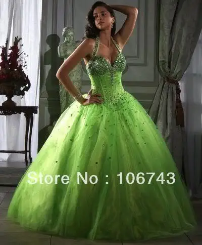 Стиль горячей продажи Sexy невесты свадьбы принцесса Пользовательские кристалл бисероплетение бальное платье зеленый Quinceanera Платья