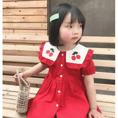 

Emmababy Girls Summer Dreses Red Small Cherry Pattern Print Embroidery Baby Girls Princess Dress Comfortable Cotton Streetwear