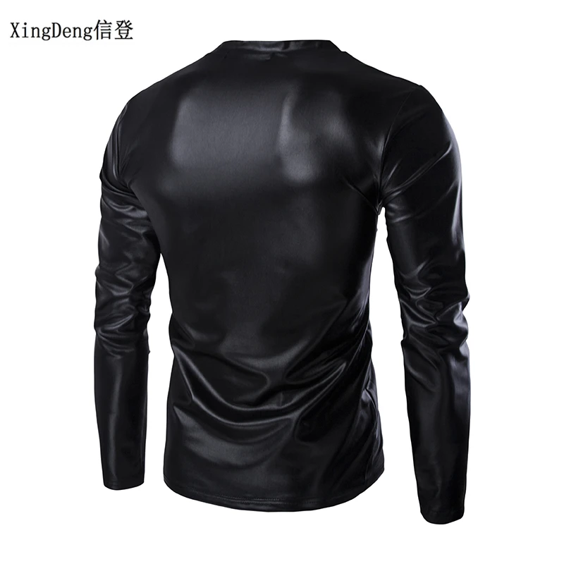 XingDeng Men's large size round collar T-shirt men's clothing spring 2018 leather sexy DJ bar TOPS and show Nightclub clothing XingDeng Men's large size round collar T-shirt men's clothing spring 2018 leather sexy DJ bar TOPS and show Nightclub clothing