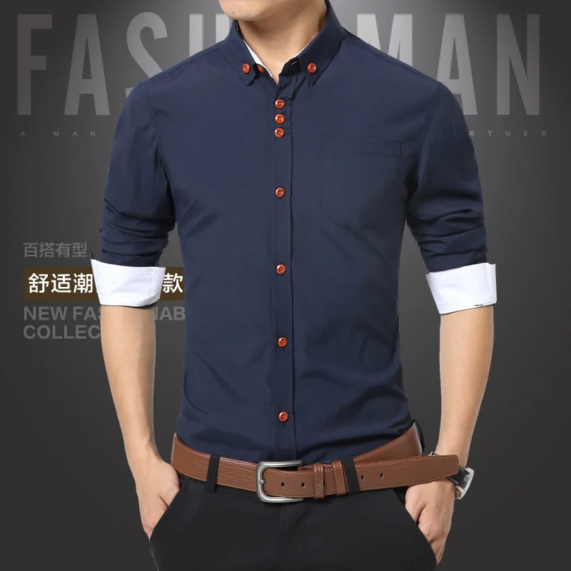 Летняя мужская рубашка, хлопок, одноцветная Повседневная рубашка, мужская приталенная рубашка размера плюс с длинным рукавом, стильная модная рубашка размера плюс M-5XL