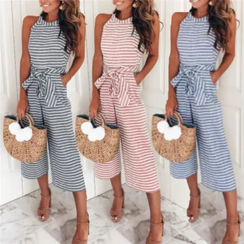 

New Women Plus Size Jumpsuit Pants Clubwear Summer Jumpsuit Playsuit Bodycon Party Stripe Sleeveless Jumpsuit Romper With Sashes