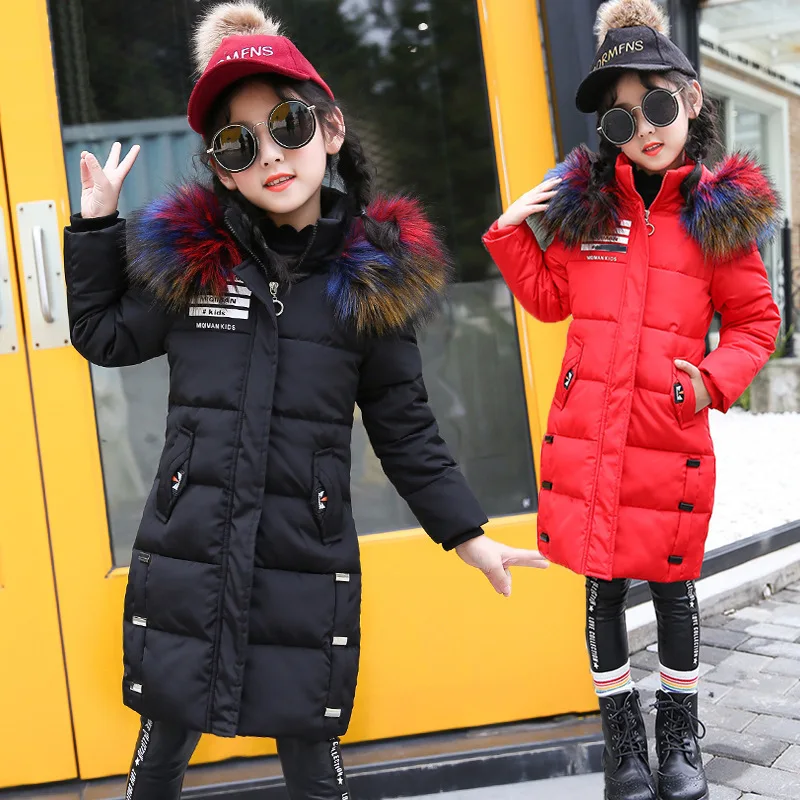 

2018 New Black Children Winter Jacket Girl Winter Coat Kids Warm Colorful Fur Hooded Long Coats For Teenage 4 6 8 10 12 14