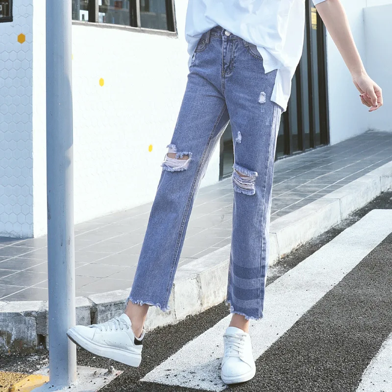 QA732 Fashion flare pants light blue vintage hole popular ripped jeans women regular Korean long denim