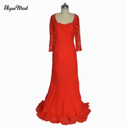 Новая Мода Реальные Фото Милая Длинные Рукава Русалка Пром Dresseses 2017 Красный Кружева Длинные Формальные Платье Вечернее Платье