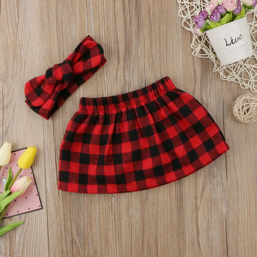 2 Pieces Christmas Newborn Baby Girls Xmas Plaid Skirts AND Headband Casual Outfits Clothes