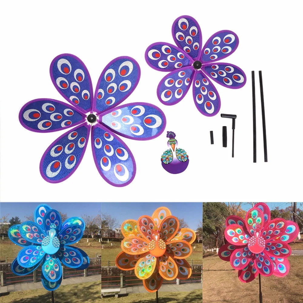 

New Double Layer Peacock Laser Sequins Windmill Colorful Wind Spinner Kids Toy