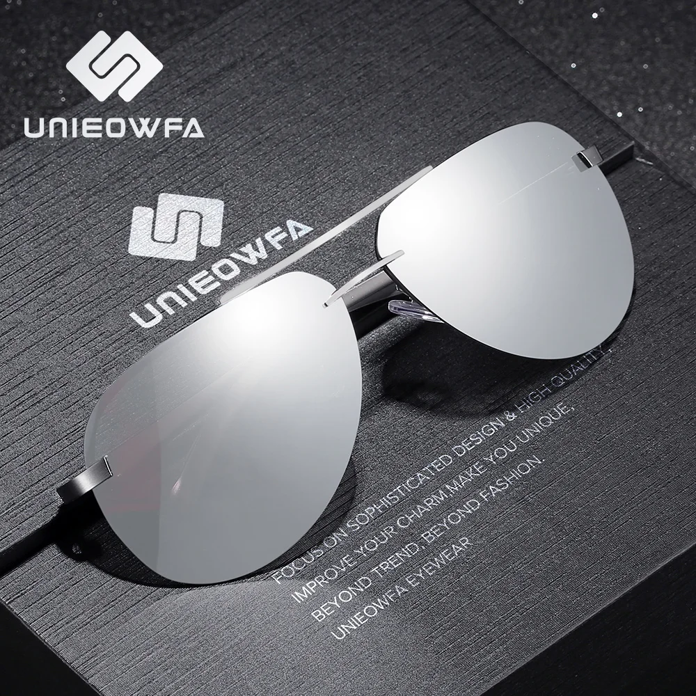 UNIEOWFA Male Rimless Aviation Sunglasses Men Polarized Silver