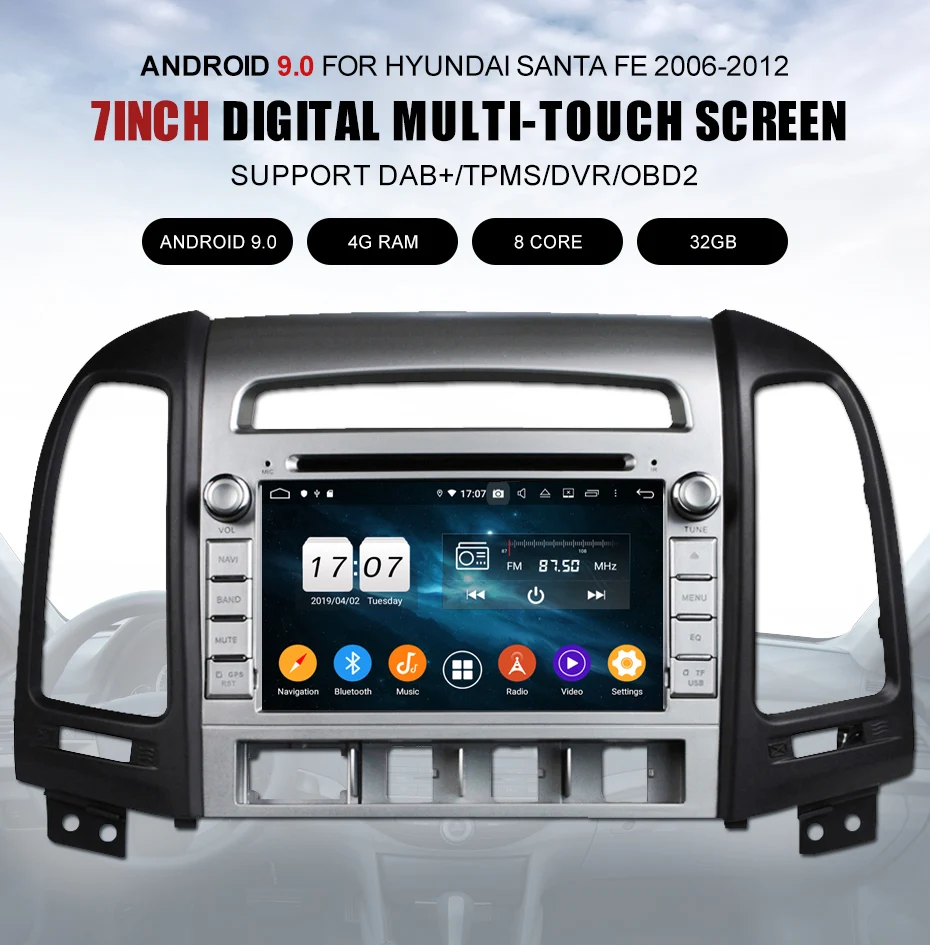 KANOR 1024*600 Восьмиядерный 4G Android 9,0 2din автомобильный Радио DVD gps для hyundai Santa Fe 2006-2012 головное устройство радио Cessette рекордер