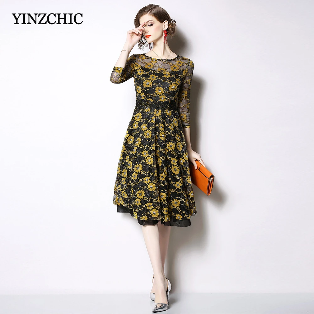 

Spring New Womans Lace Dress Floral Laces Mid Dress for Woman O-neck Ladies Elagant Knee-length Dress Slim A-line Dress Woman