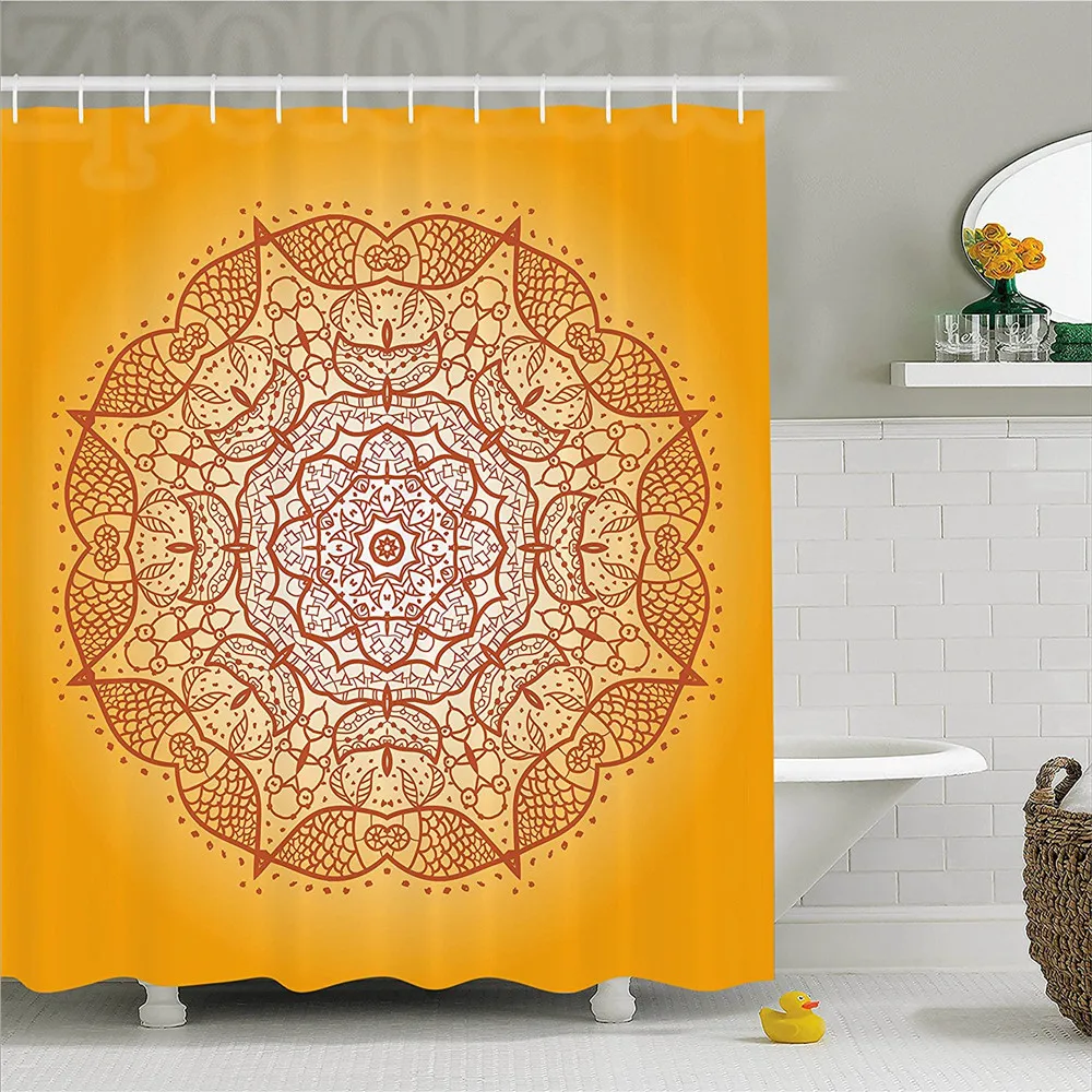 Mandala Decor Shower Curtain Retro Oriental Embellished Circular Mehndi Arabesque Curved Form