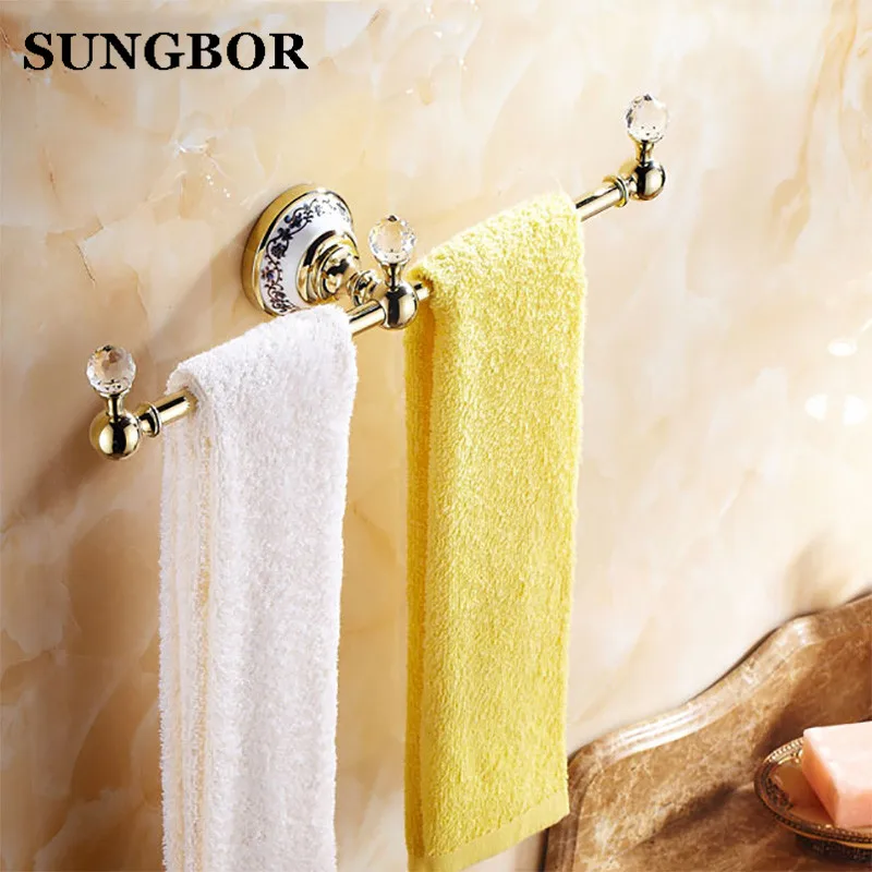 Antique Luxury Golden Crystal Towel Rack Towel Bar Wall Mounted Ceramic
