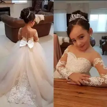 

vestido de daminha Girls Pageant Dresses Bow Lovely Flower Girl Dress primera comunion Long Wedding Dress for Girl Kids Sleeves