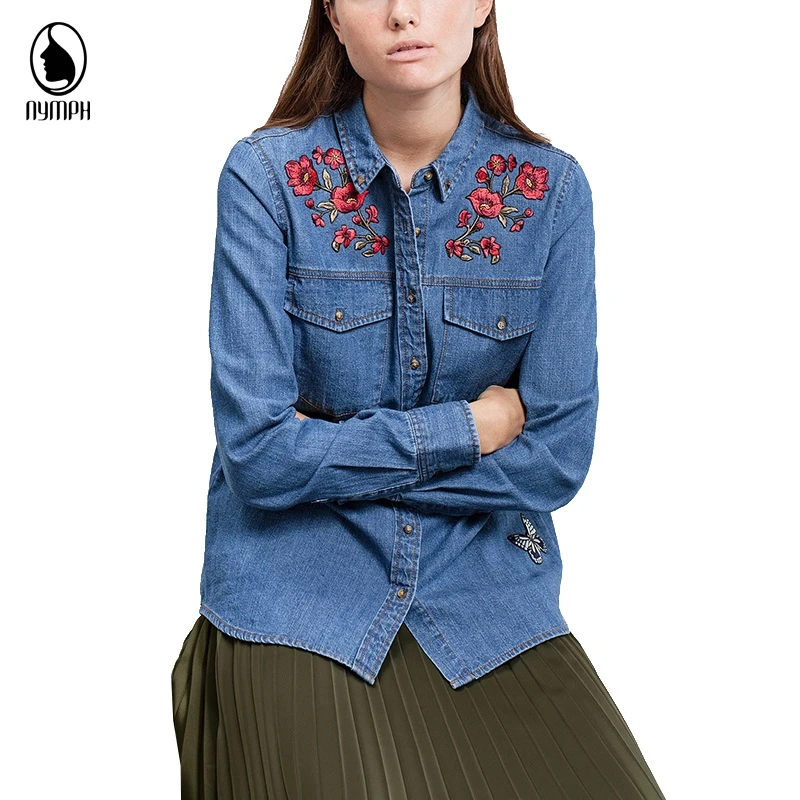 2017 Spring Vogue Women Clothing Floral Embroidered Denim Blouse Loose ...