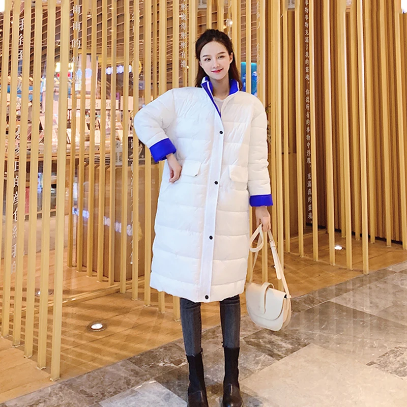 

2019 Winter Fashion Women Down Cotton White Warm Parka Long Stand Collar Thin Coat Female Full Sleeve Color Block Outwear Jacket
