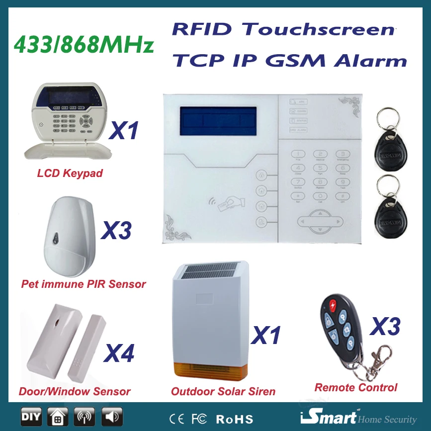 

Most Advanced TCP/IP GPRS Wireless GSM Alarm System Home Intruder Burglar Security Alarm System w Outdoor Solar Flash Siren