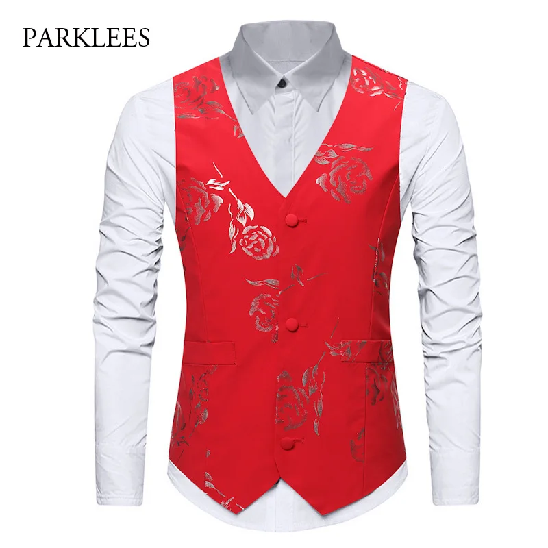 

Red Grooms Tuxedo Wedding Dress Suit Vest Men Luxury Bronzing Rose Single Breasted Waistcoat Men Slim Fit Sleeveless Gilet Homme