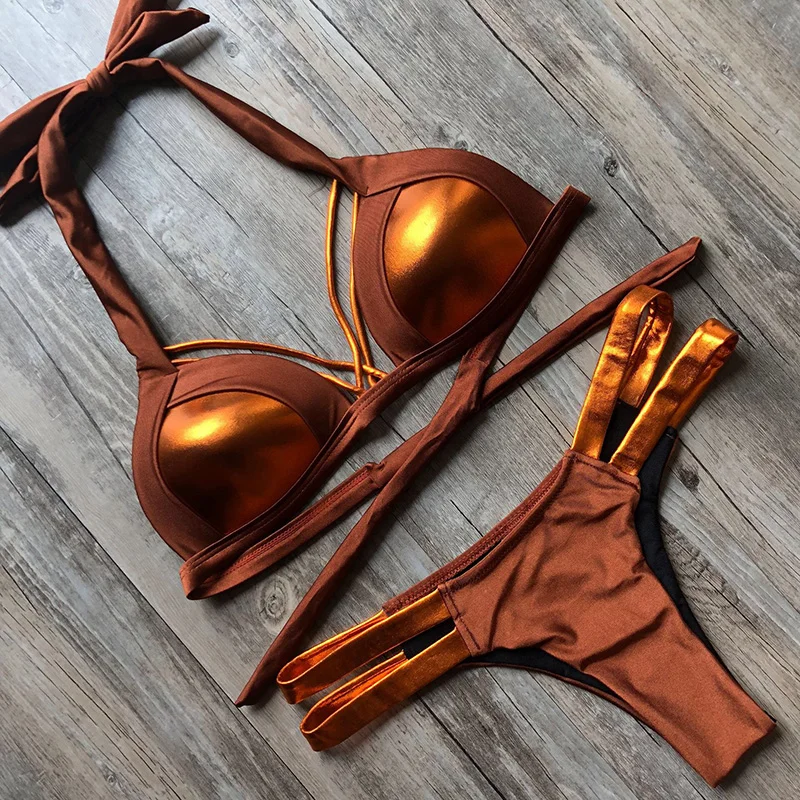 Sexy Strip Bikini Set Thong Women 2018 Patchwork Swimsuit Backless Bathing Suit Women Push Up Swimwear Halter Top Biquini