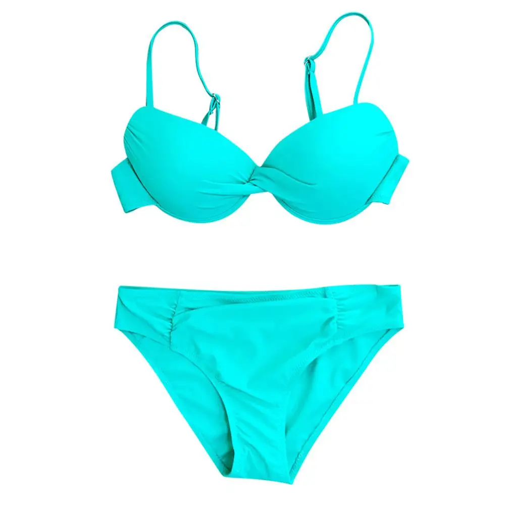 Женский купальник из двух частей, купальник пуш-ап, бразильский комплект бикини, Одноцветный Ретро раздельный купальник, купальники для женщин - Цвет: Зеленый