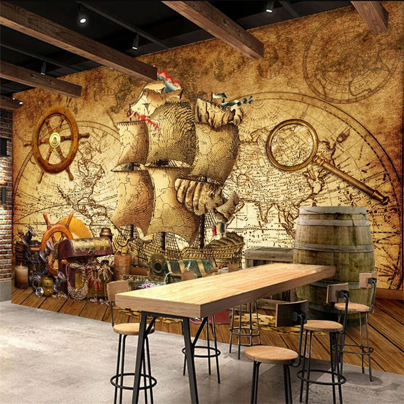 

beibehang papel de parede Custom wallpaper Nostalgic Vintage Nautical Map pirate mural background wall adesivo de parede