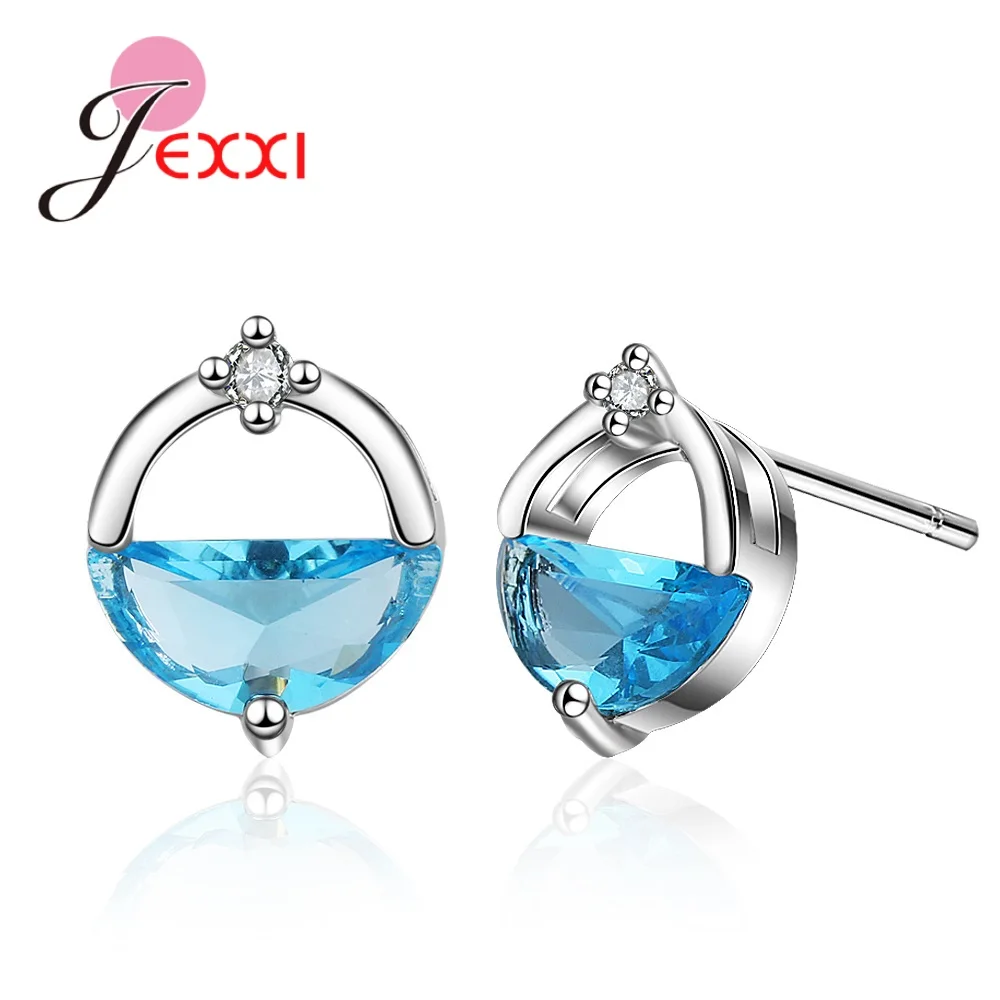

Trendy 925 Sterling Silver Stud Earrings Clear Blue Cubic Zircon Stone Round Jewelry for Women Girl Youth Gifts Cost Price