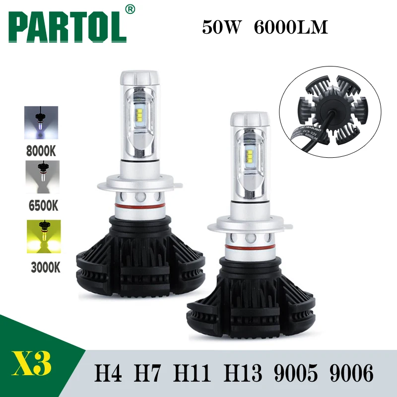 

Partol X3 H4 H7 H11 H13 9005 9006 Led Headlight Bulbs Car Styling 50W 3000K 6500K 8000K 6000Lm Auto Headlamp Conversion kit 12V