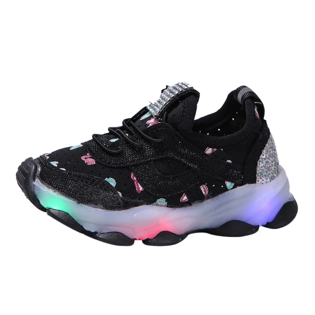 Детская обувь с подсветкой; детская обувь для маленьких девочек с бабочкой и кристаллами; Светодиодный свет; спортивные кроссовки для бега; Sapato Infantil; Светящиеся кроссовки - Цвет: Black