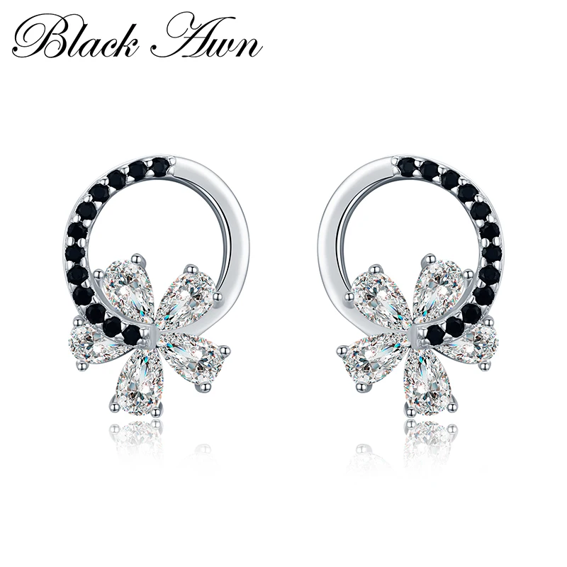 

[BLACK AWN] Genuine 925 Sterling Silver Jewelry Wedding Stud Earrings for Women Flower Female Earrings I001
