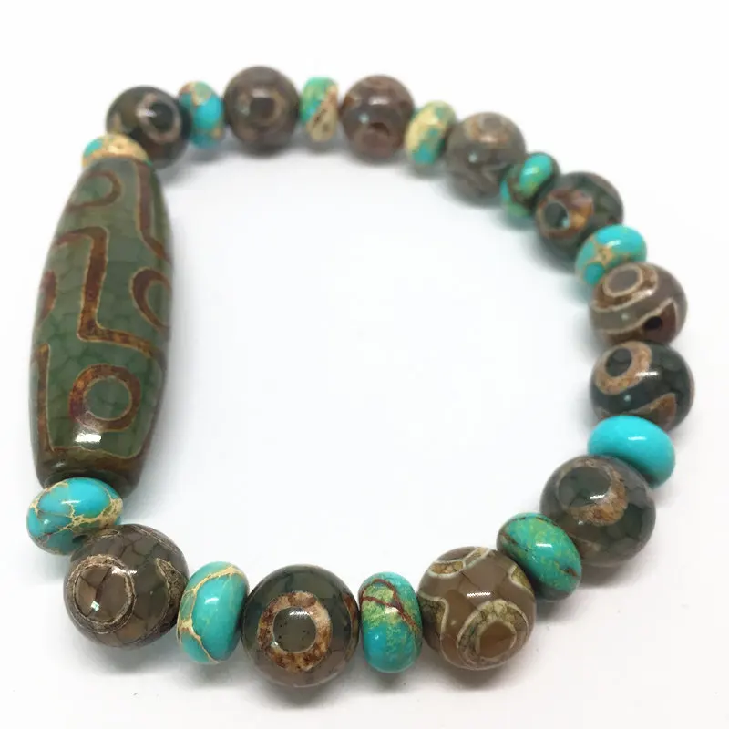 Günstige Grüne Natürliche Achat 9 augen Muster Tibetischen Dzi Perlen elastische Armband für frauen freies verschiffen