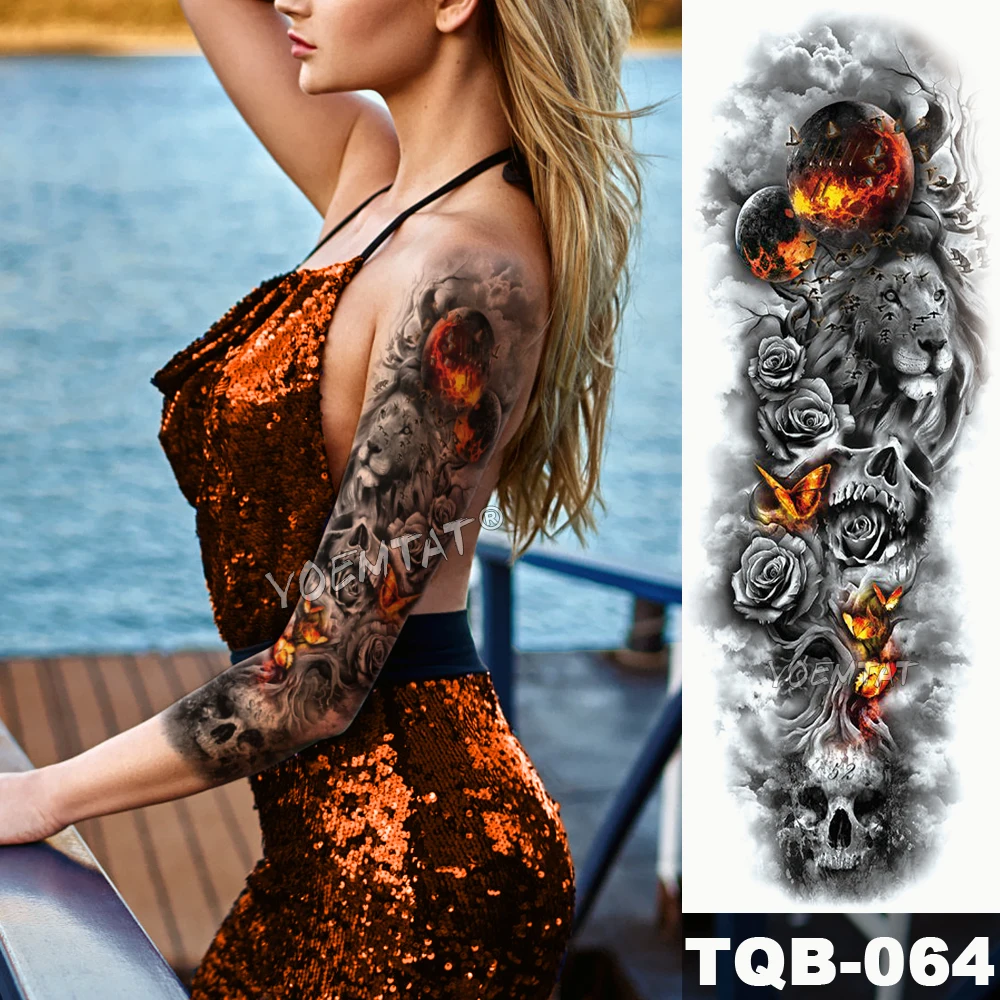 Большая татуировка на руку с рукавом Полуночный леопард красота Девушка водонепроницаемый временная татуировка наклейка лунный свет роза полный Череп Татуировки Женщины