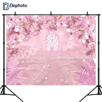 

DePhoto Pink Flowers Spring Photography Backdrop Fairy tale Princess Castle baby shower Children birthday party Photo Background