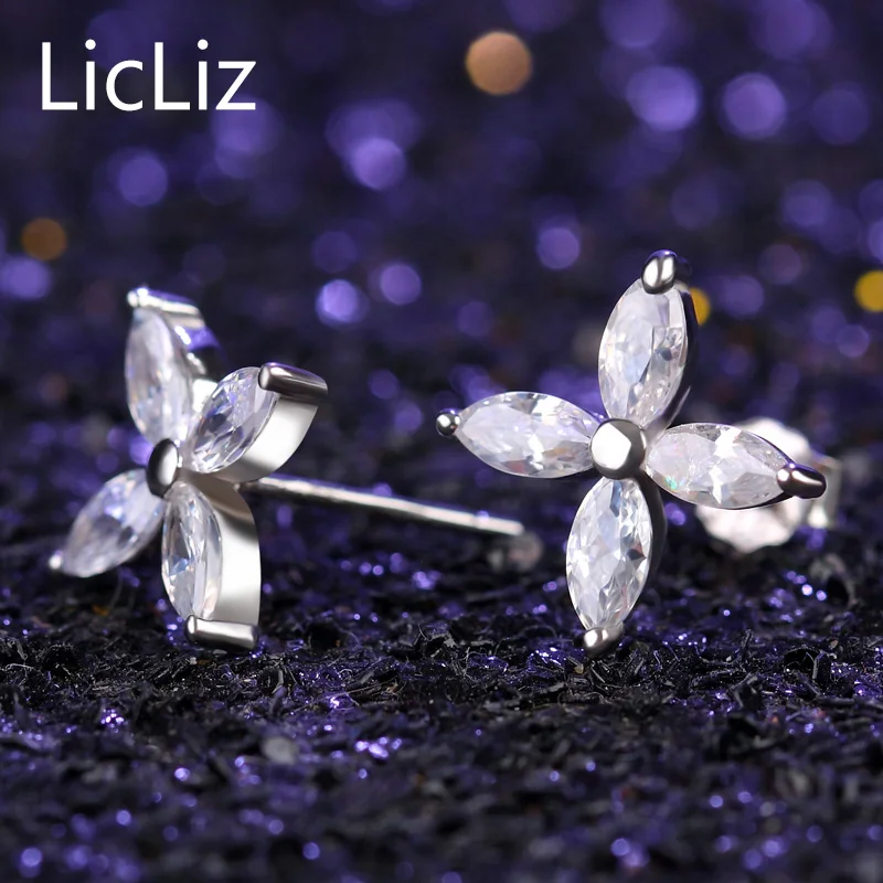 LicLiz 925 пробы серебряные серьги гвоздики с цветком женские четырьмя лепестками и