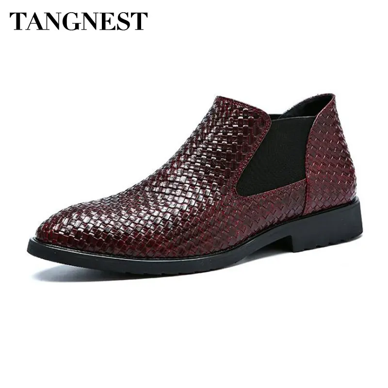 

Tangnest NEW Autumn Men's Chelsea Boots Fashion Knitted Split Leather Ankle Boots British Style Men's Dress Shoes XMP891