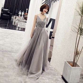 

weiyin Sexy V-neck Evening Dress Robe De Soiree 2020 High Quality Grey Tulle With Applique Evening Dresses Vestido De Festa